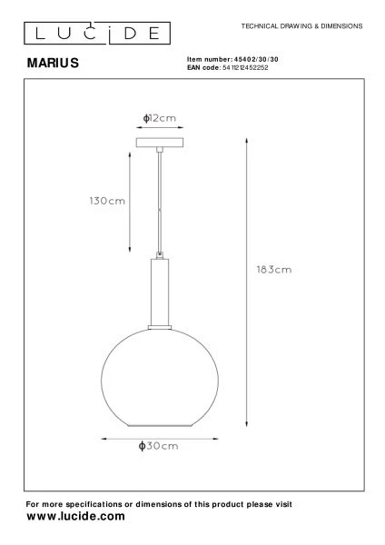 Lucide MARIUS - Lámpara colgante - Ø 30 cm - 1xE27 - Negro - técnico